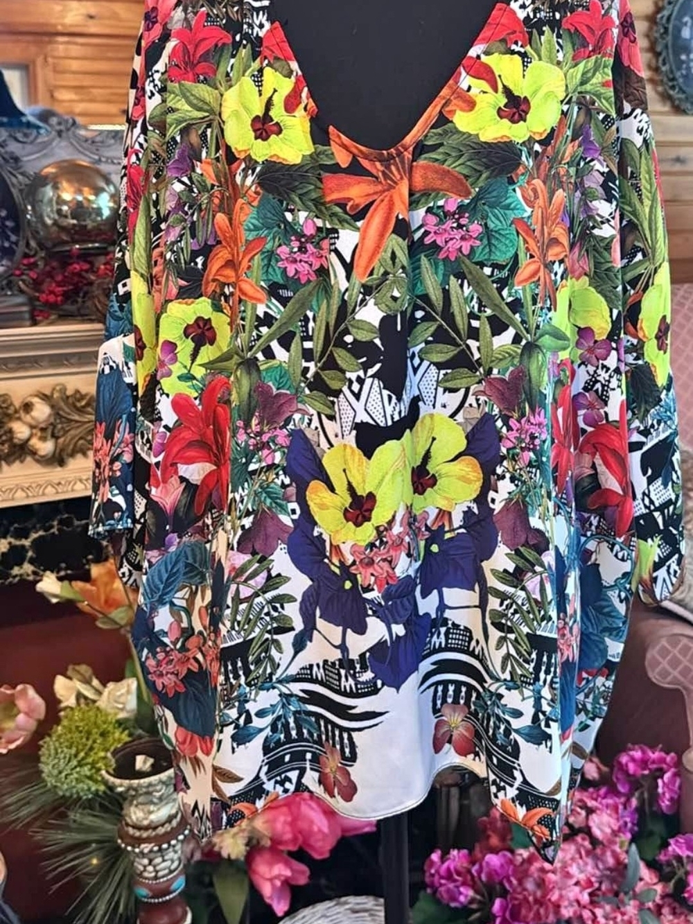 Joseph Ribkoff Multicolor Floral V-Neck Tunic — Red, Yellow, Green, Blue, Purple